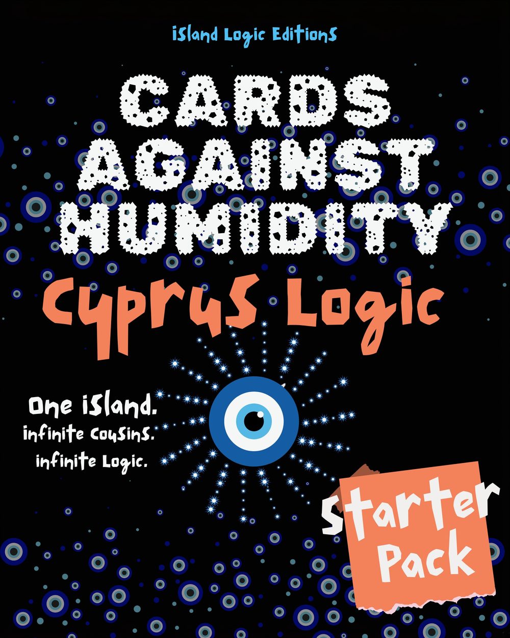 Cards Against Humidity: Cyprus Logic — Starter Pack box, night navy with evil eye pattern